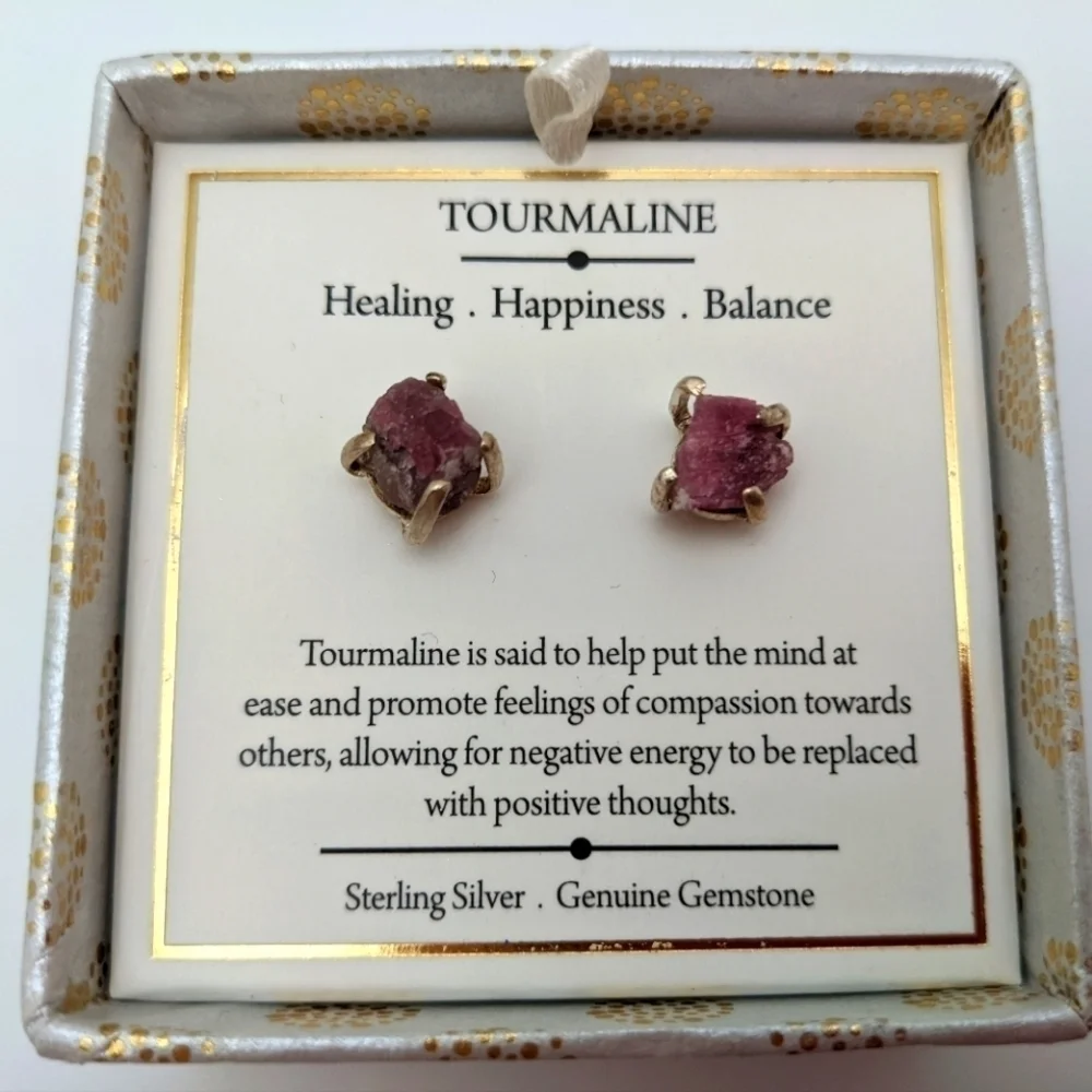 Raw Pink Tourmaline 925 Silver Stud Earrings NIB